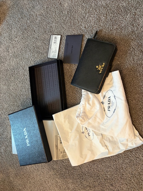 Prada Handbags - Prada Black Saffiano Leather Zip-Around Wallet with Gold Logo